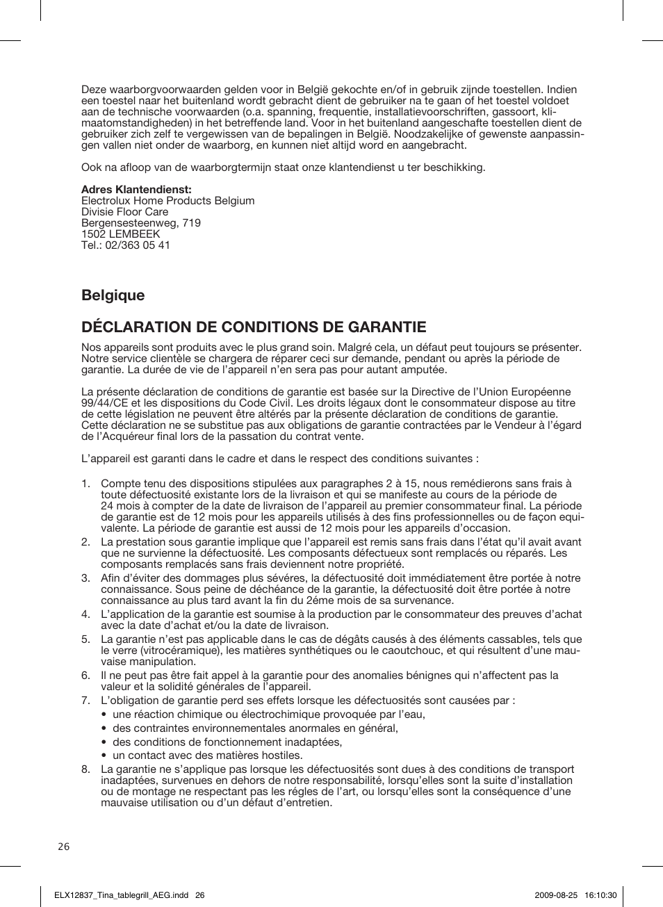 Republika slovenija, Garancijska izjava, Belgique déclaration de conditions de garantie | AEG TG340 User Manual | Page 26 / 28