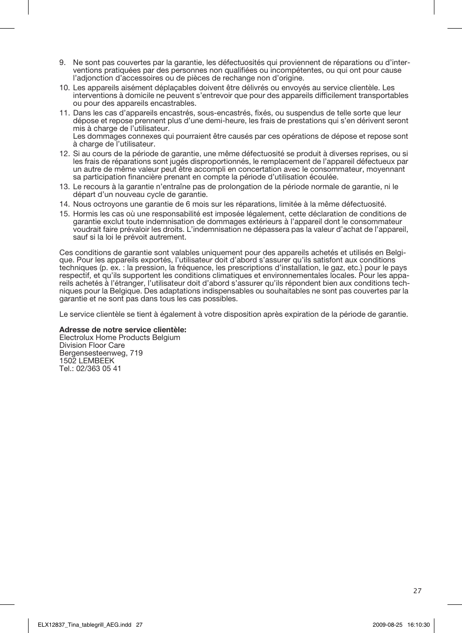 Republika slovenija, Garancijska izjava, Belgique déclaration de conditions de garantie | AEG TG340 User Manual | Page 27 / 28