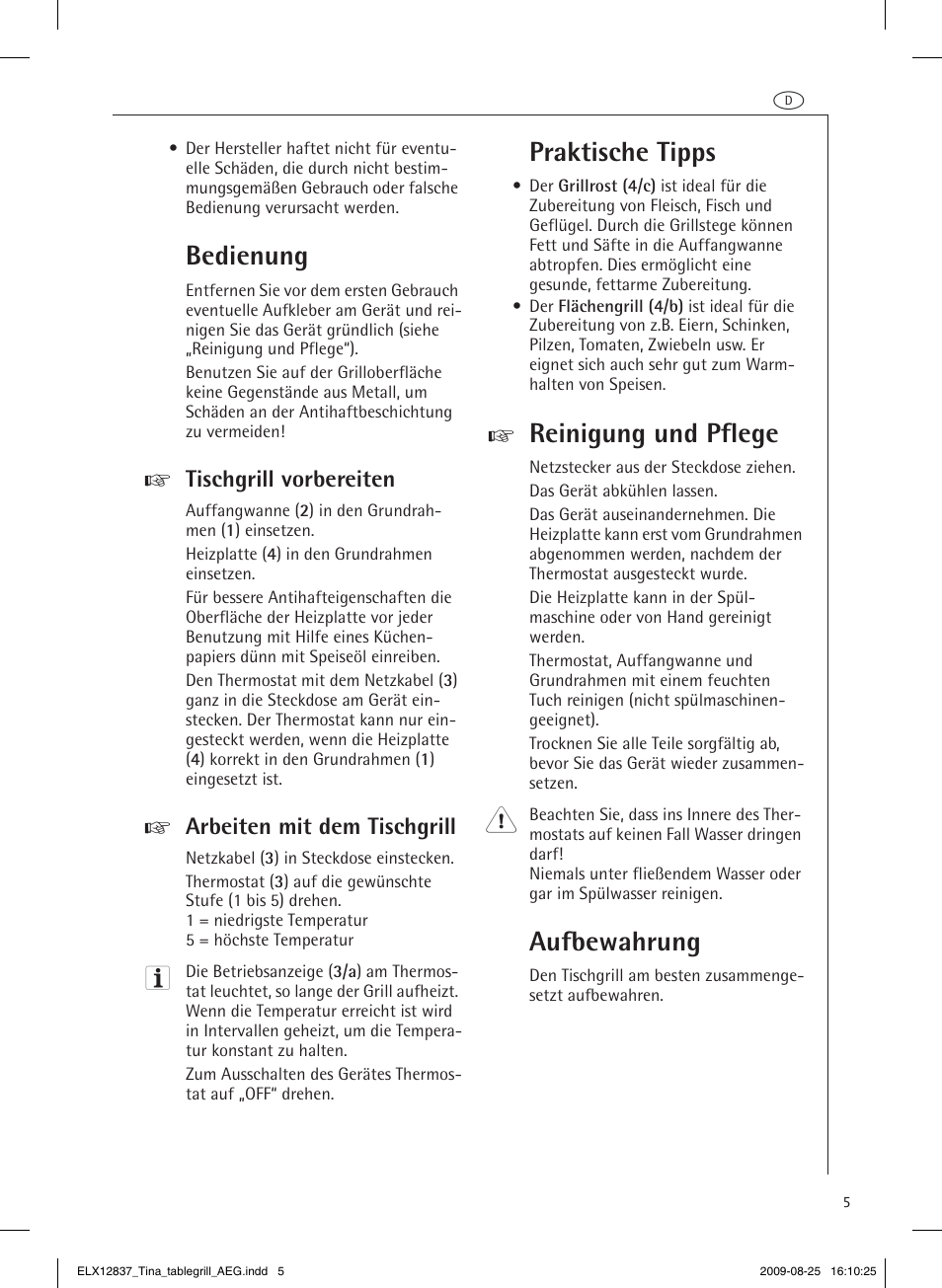 Sehr geehrte kundin, sehr geehrter kunde, Gerätebeschreibung, Sicherheitshinweise | Bedienung, Praktische tipps, Reinigung und pflege, Aufbewahrung, Tischgrill vorbereiten, Arbeiten mit dem tischgrill | AEG TG340 User Manual | Page 5 / 28