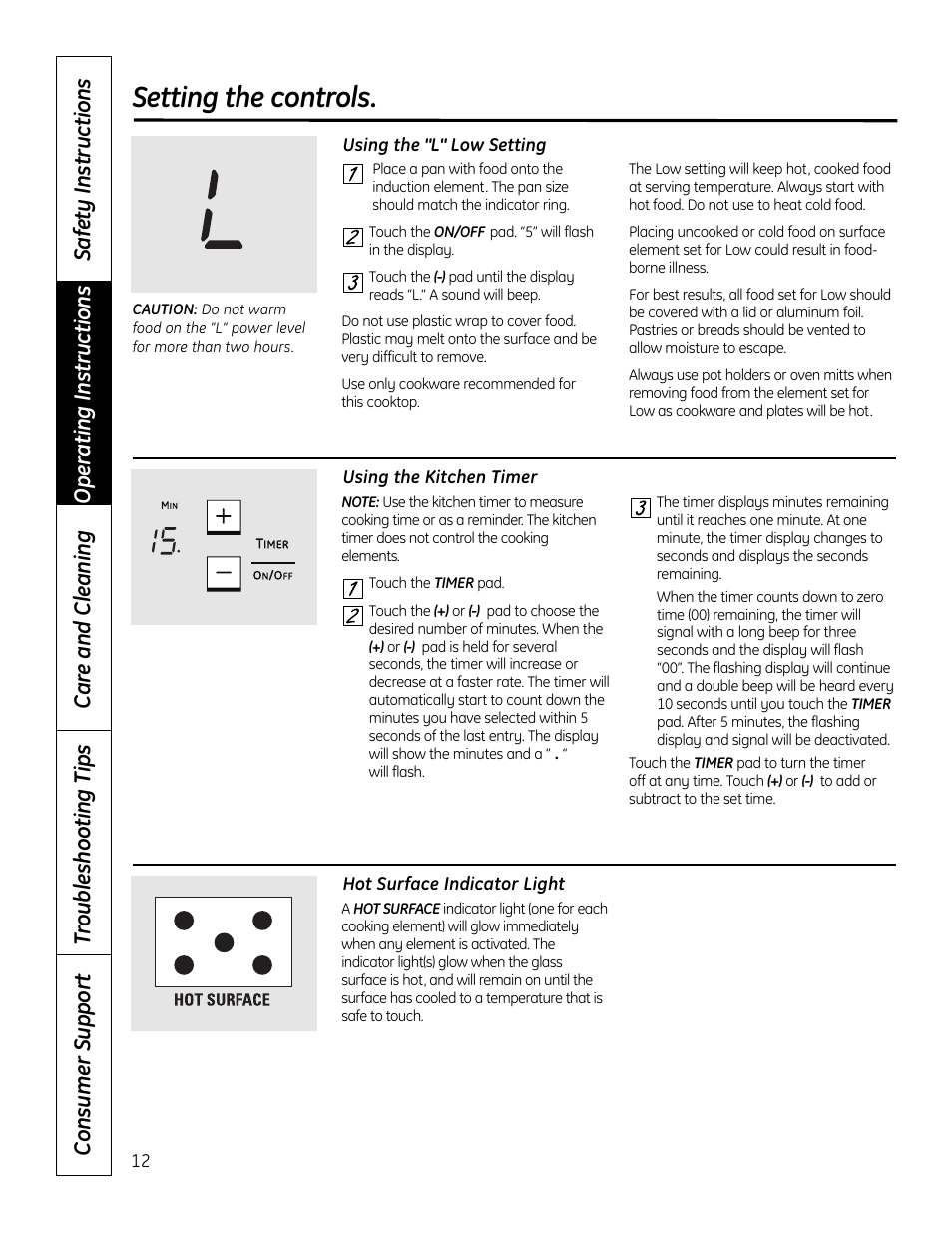 Kitchen timer, Low setting, Setting the controls | GE PHP900DMBB User Manual | Page 12 / 72