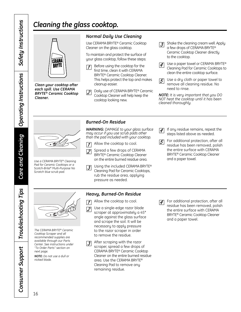 Glass cooktop, Cleaning the glass cooktop | GE PHP900DMBB User Manual | Page 16 / 72