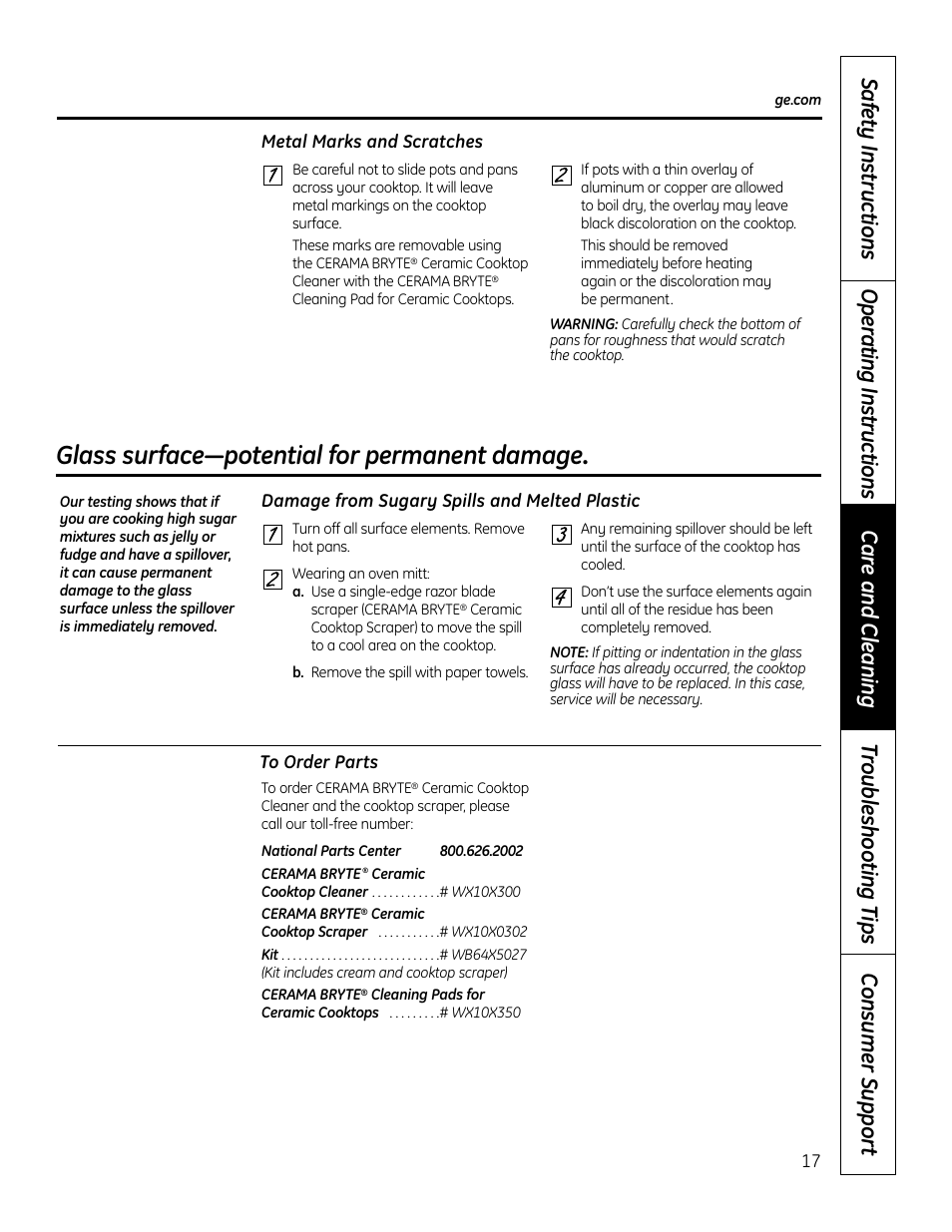 Glass surface—potential for permanent damage | GE PHP900DMBB User Manual | Page 17 / 72