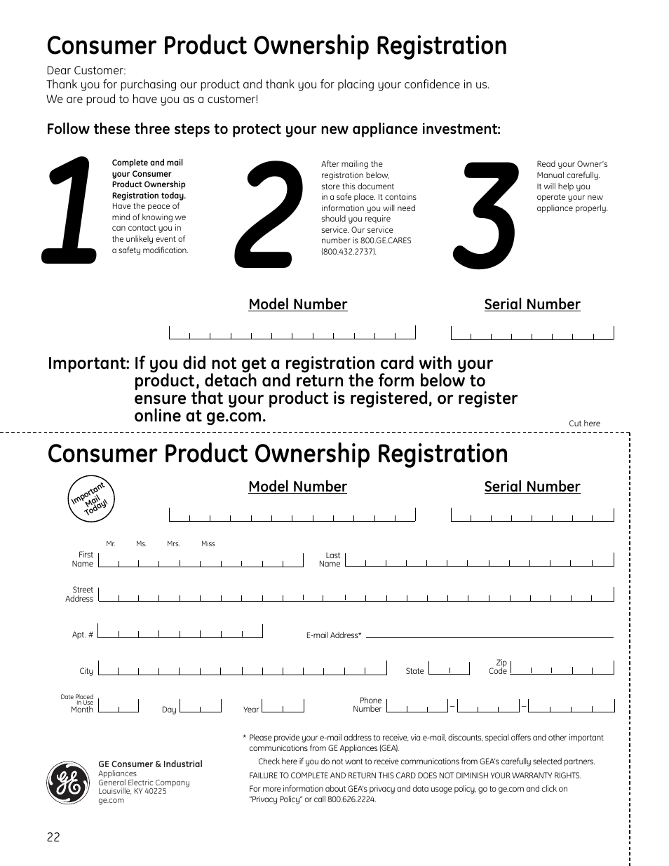 Consumer product ownership registration, Model number serial number | GE PHP900DMBB User Manual | Page 22 / 72
