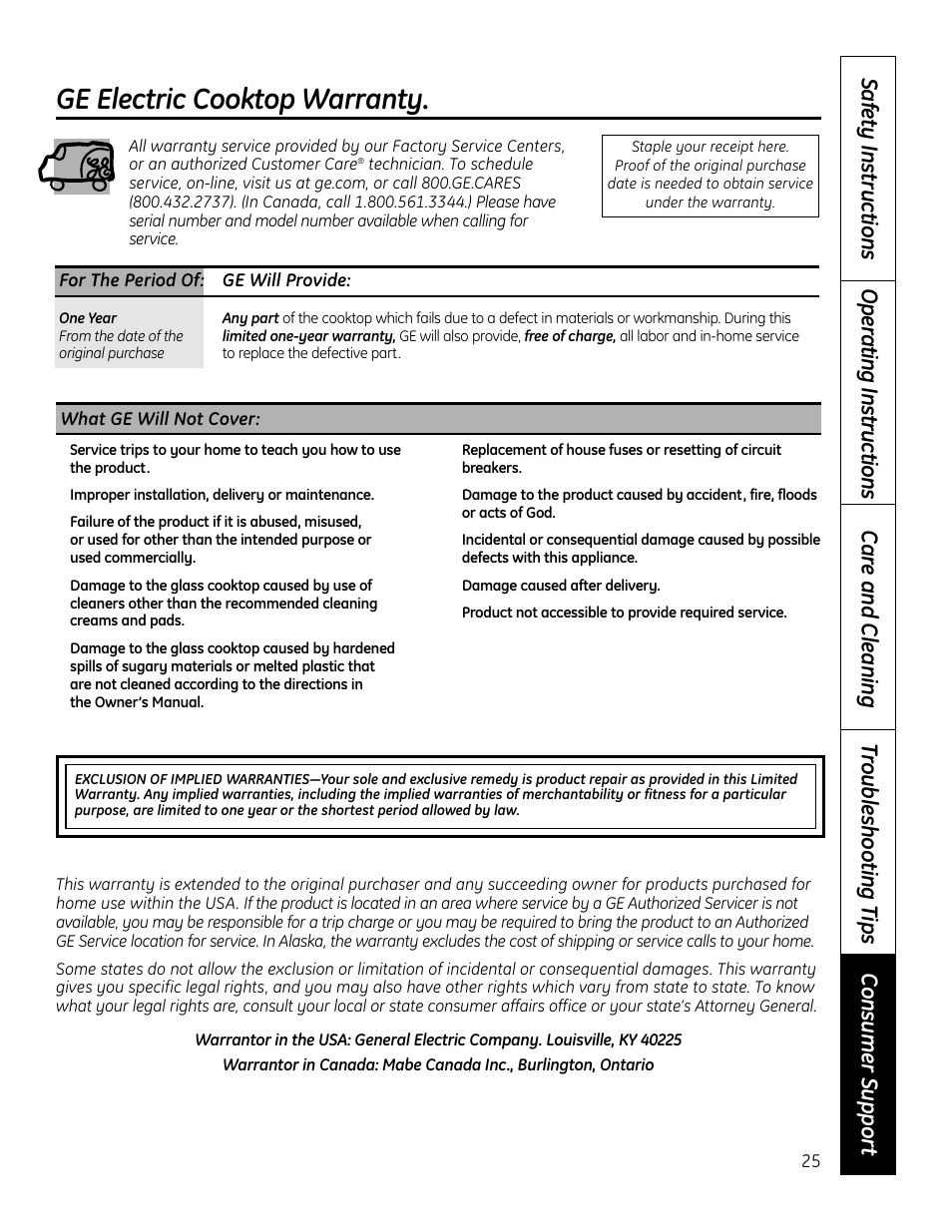 Ge electric cooktop warranty | GE PHP900DMBB User Manual | Page 25 / 72
