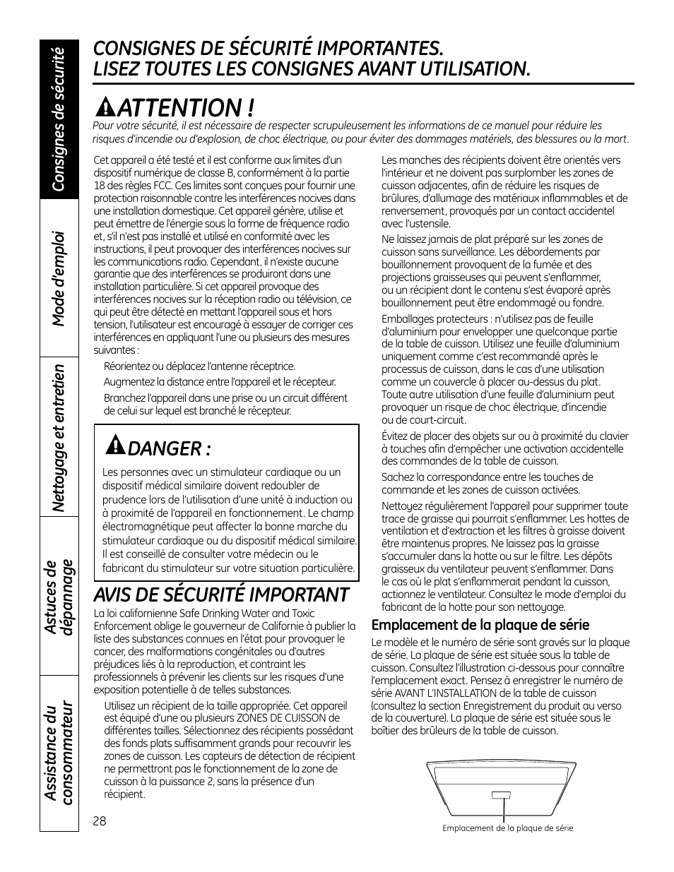 Consignes de sécurité, Attention, Avis de sécurité important | Danger | GE PHP900DMBB User Manual | Page 28 / 72