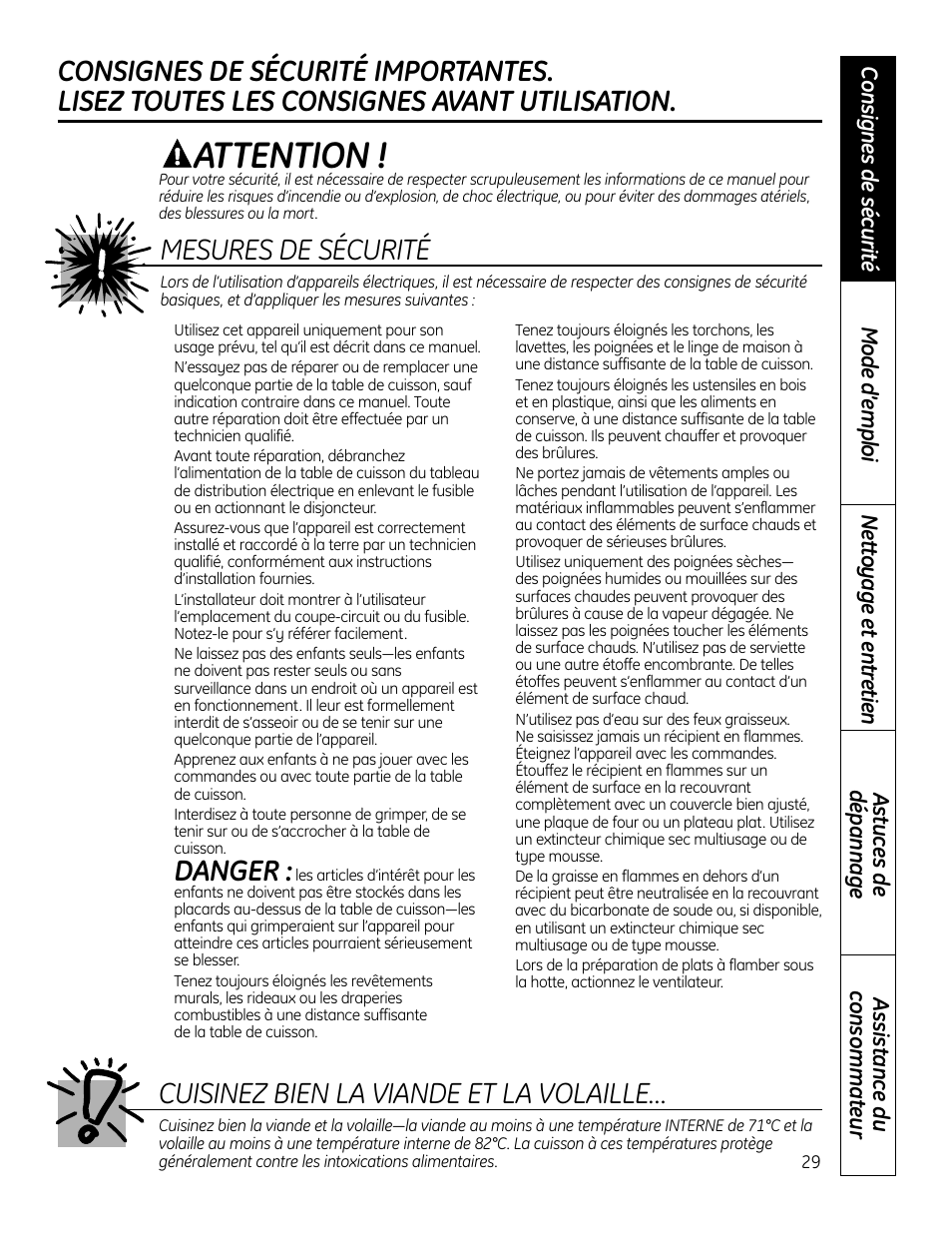 Attention, Danger | GE PHP900DMBB User Manual | Page 29 / 72