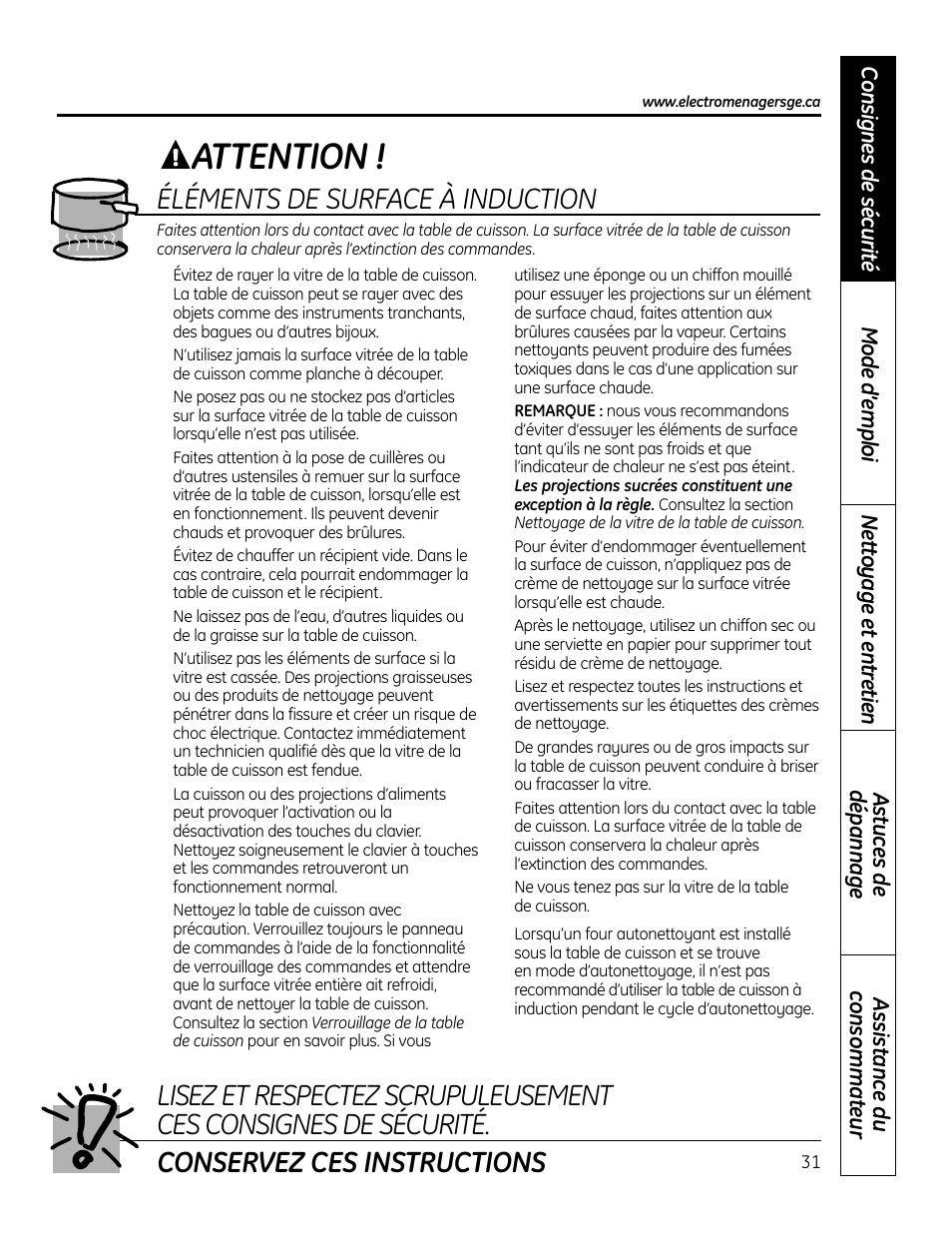 Attention, Éléments de surface à induction | GE PHP900DMBB User Manual | Page 31 / 72