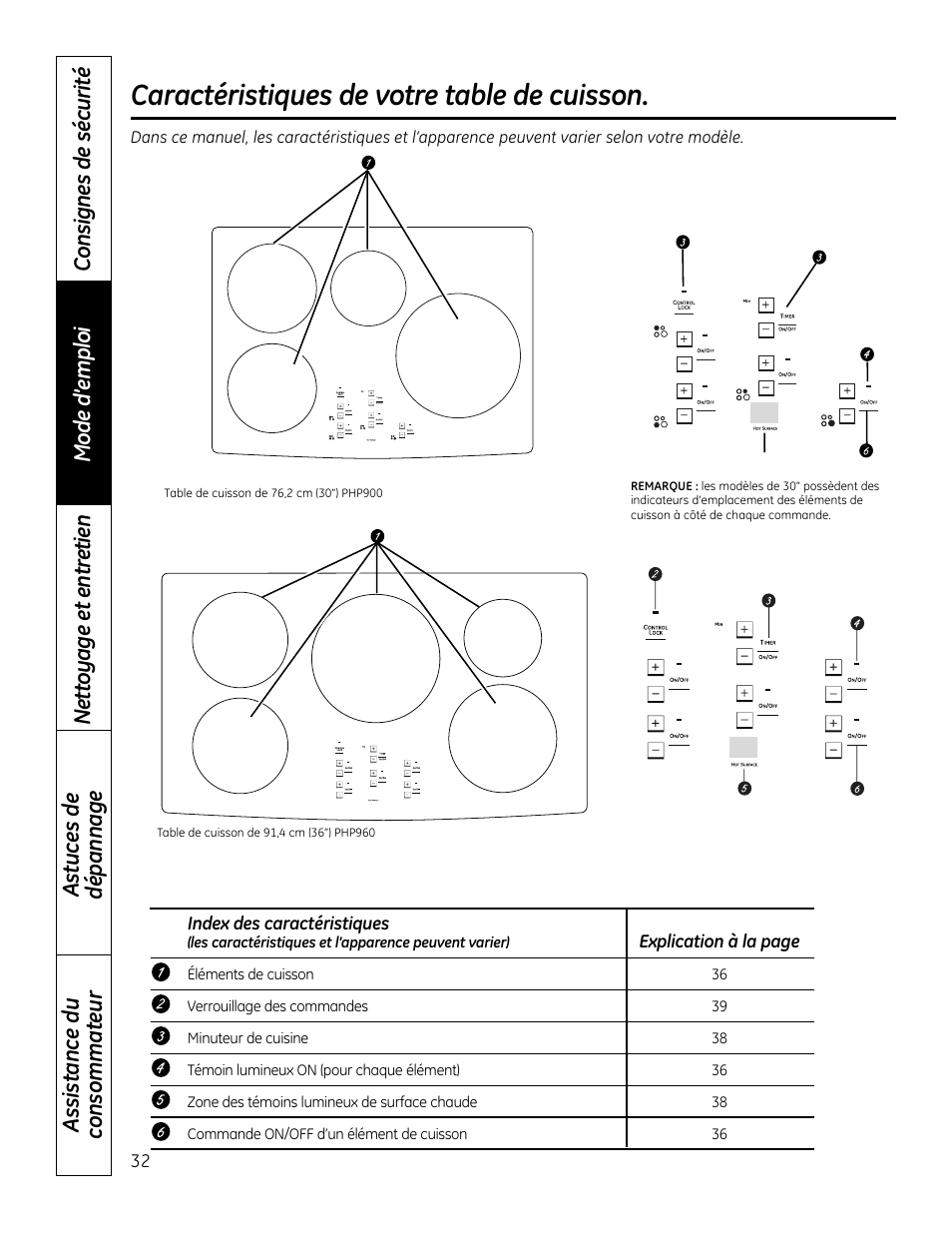 Caractéristiques de votre table de cuisson | GE PHP900DMBB User Manual | Page 32 / 72