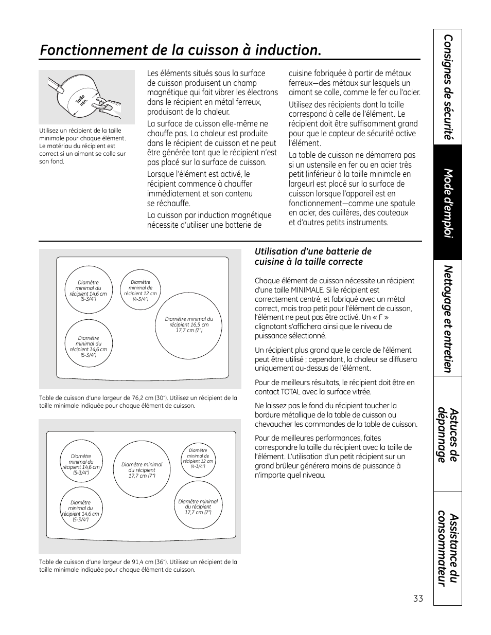 Fonctionnement de la cuisson à induction, Recommandations sur la batterie de cuisine | GE PHP900DMBB User Manual | Page 33 / 72