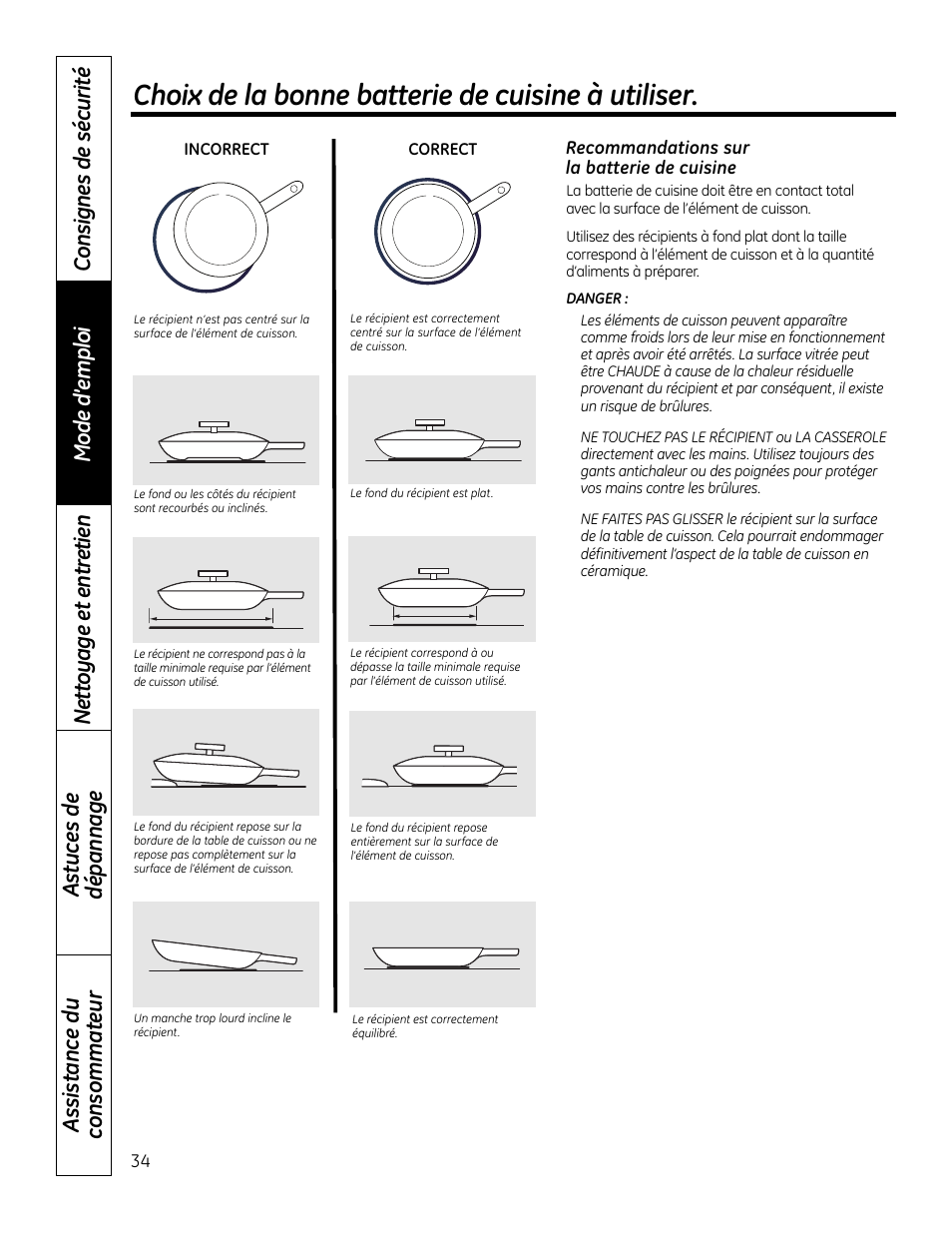 Choix de la bonne batterie de cuisine à utiliser | GE PHP900DMBB User Manual | Page 34 / 72