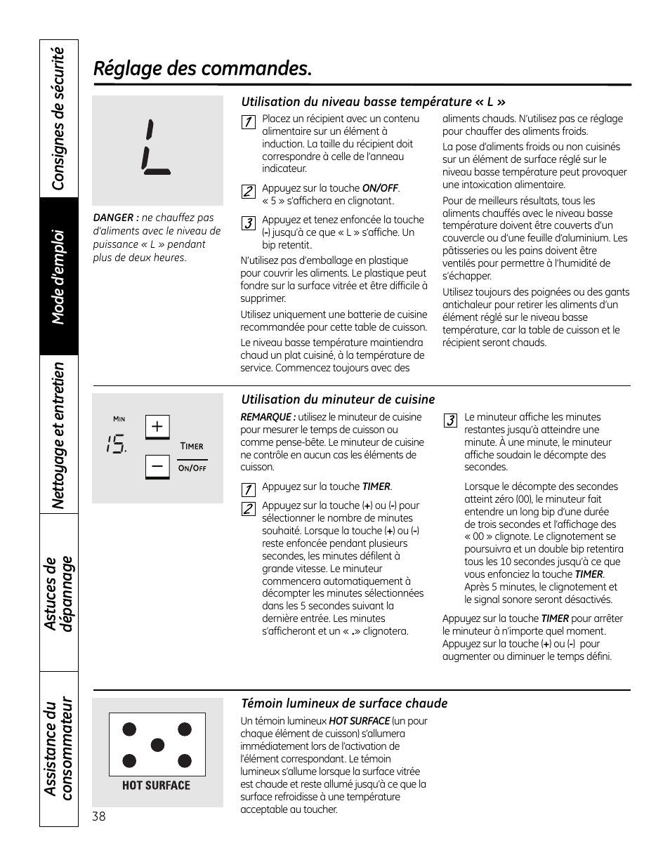 Minuteur de cuisine, Niveau basse température, Réglage des commandes | GE PHP900DMBB User Manual | Page 38 / 72