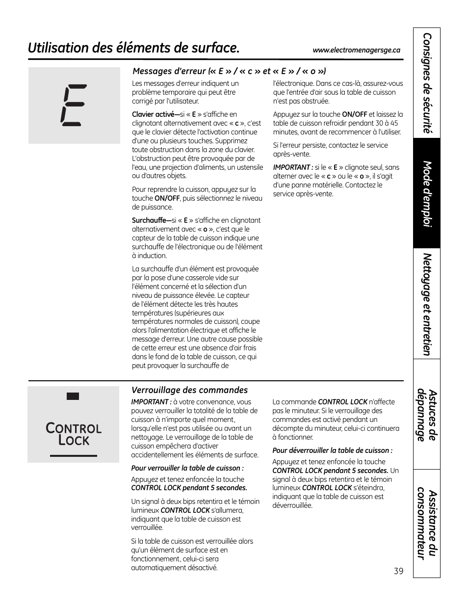 Éléments de surface, Messages d’erreur, Verrouillage de la table de cuisson | Utilisation des éléments de surface | GE PHP900DMBB User Manual | Page 39 / 72