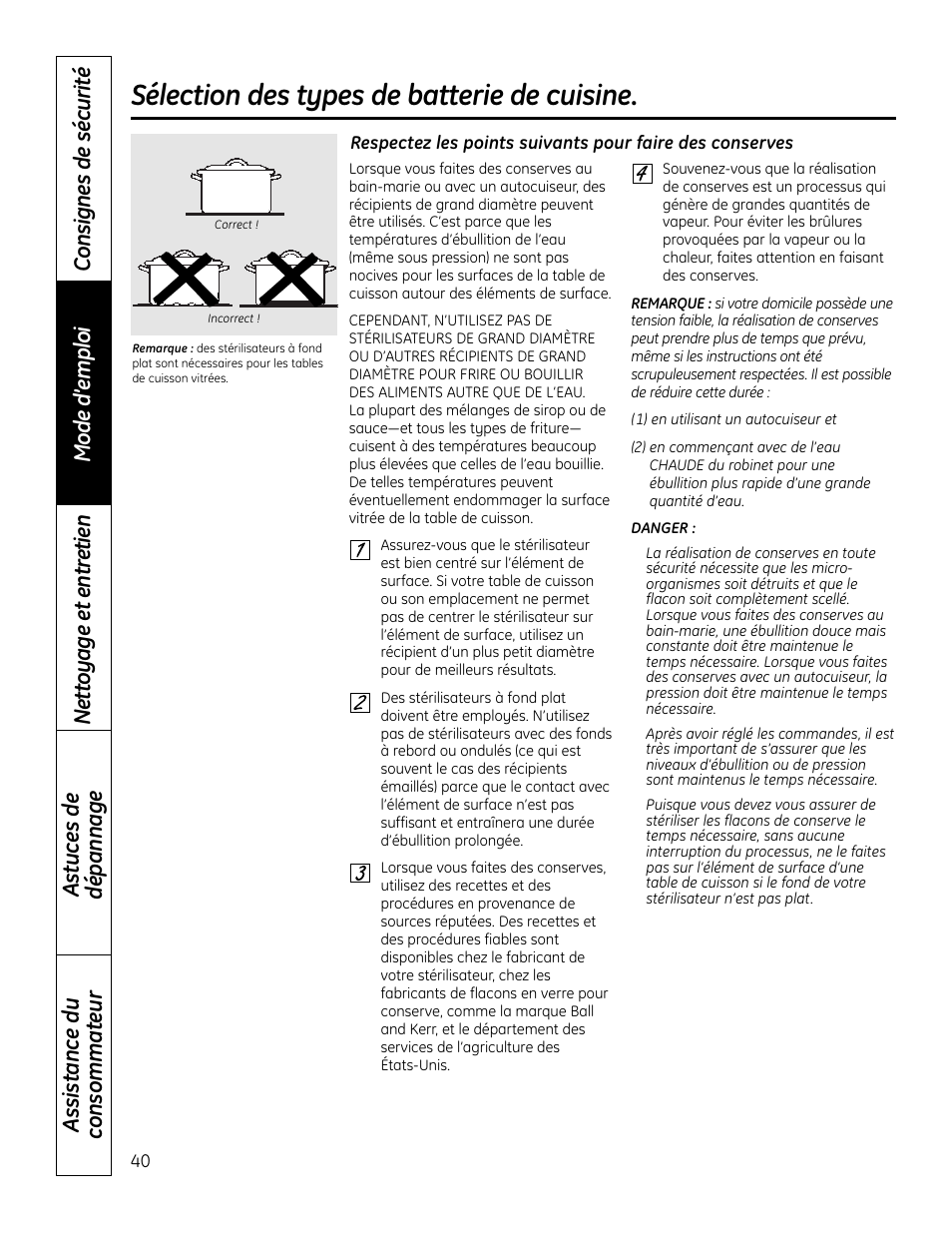 Sélection des types de batterie de cuisine | GE PHP900DMBB User Manual | Page 40 / 72