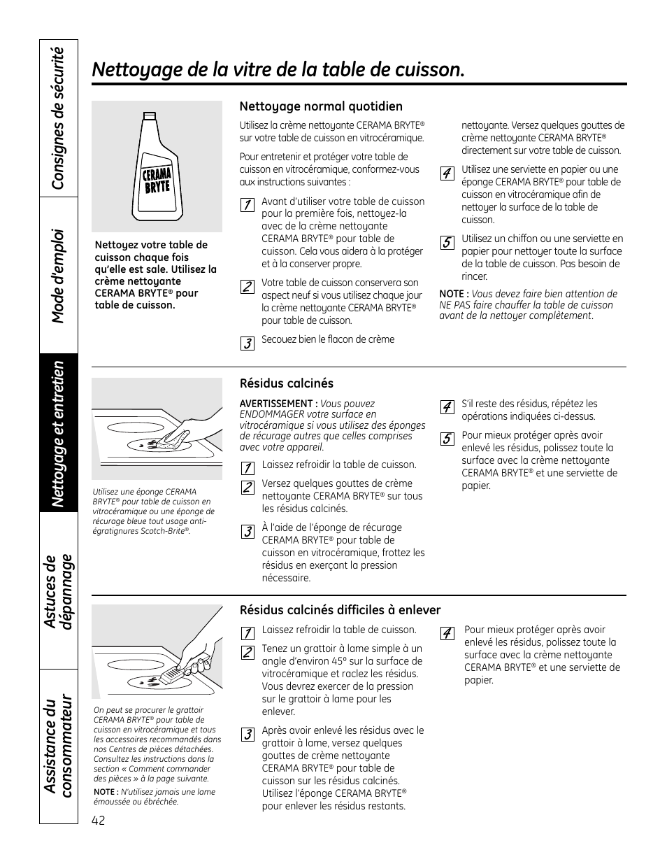 Vitre de la table de cuisson, Nettoyage de la vitre de la table de cuisson | GE PHP900DMBB User Manual | Page 42 / 72