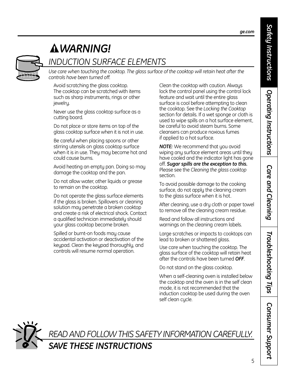 Warning, Induction surface elements | GE PHP900DMBB User Manual | Page 5 / 72