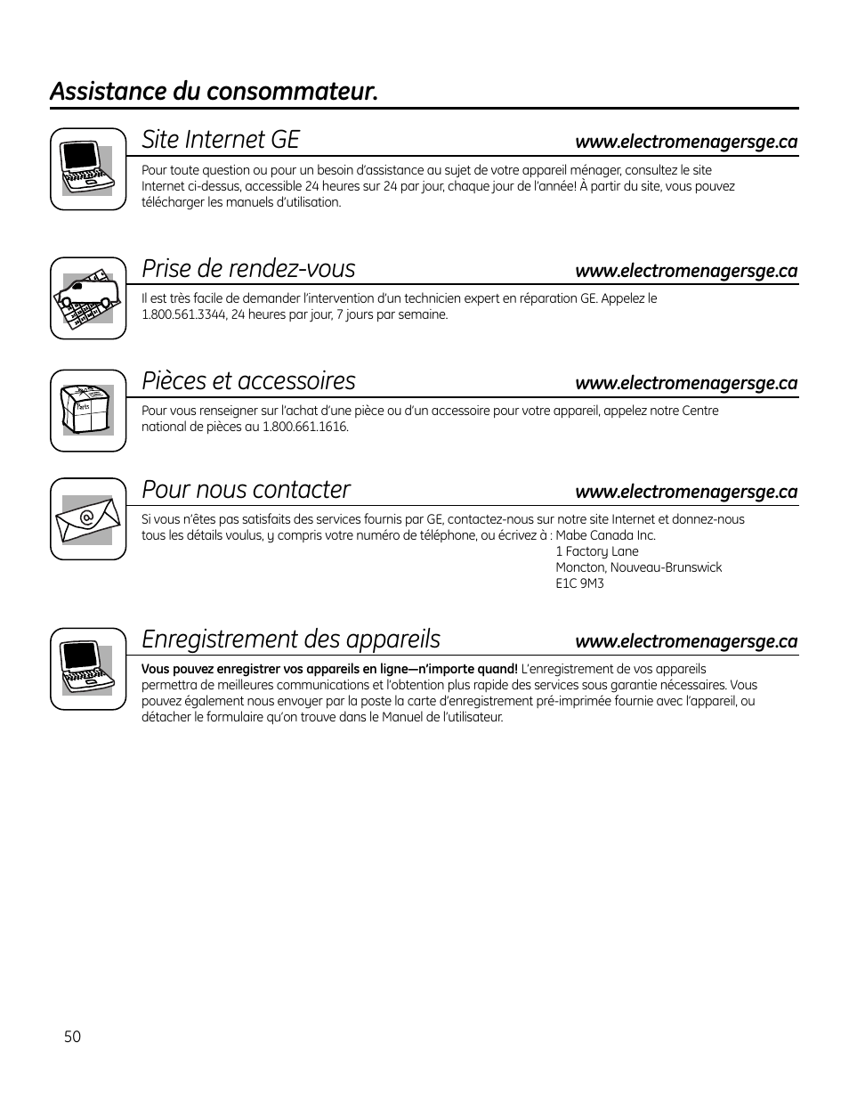 Assistance du consommateur, Site internet ge, Prise de rendez-vous | Pièces et accessoires, Pour nous contacter, Enregistrement des appareils | GE PHP900DMBB User Manual | Page 50 / 72