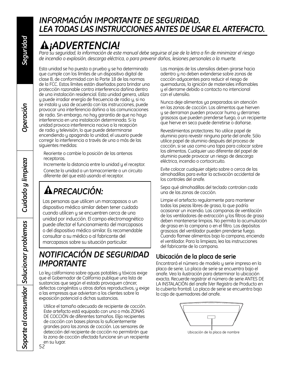 Advertencia, Notificación de seguridad importante, Precaución | GE PHP900DMBB User Manual | Page 52 / 72