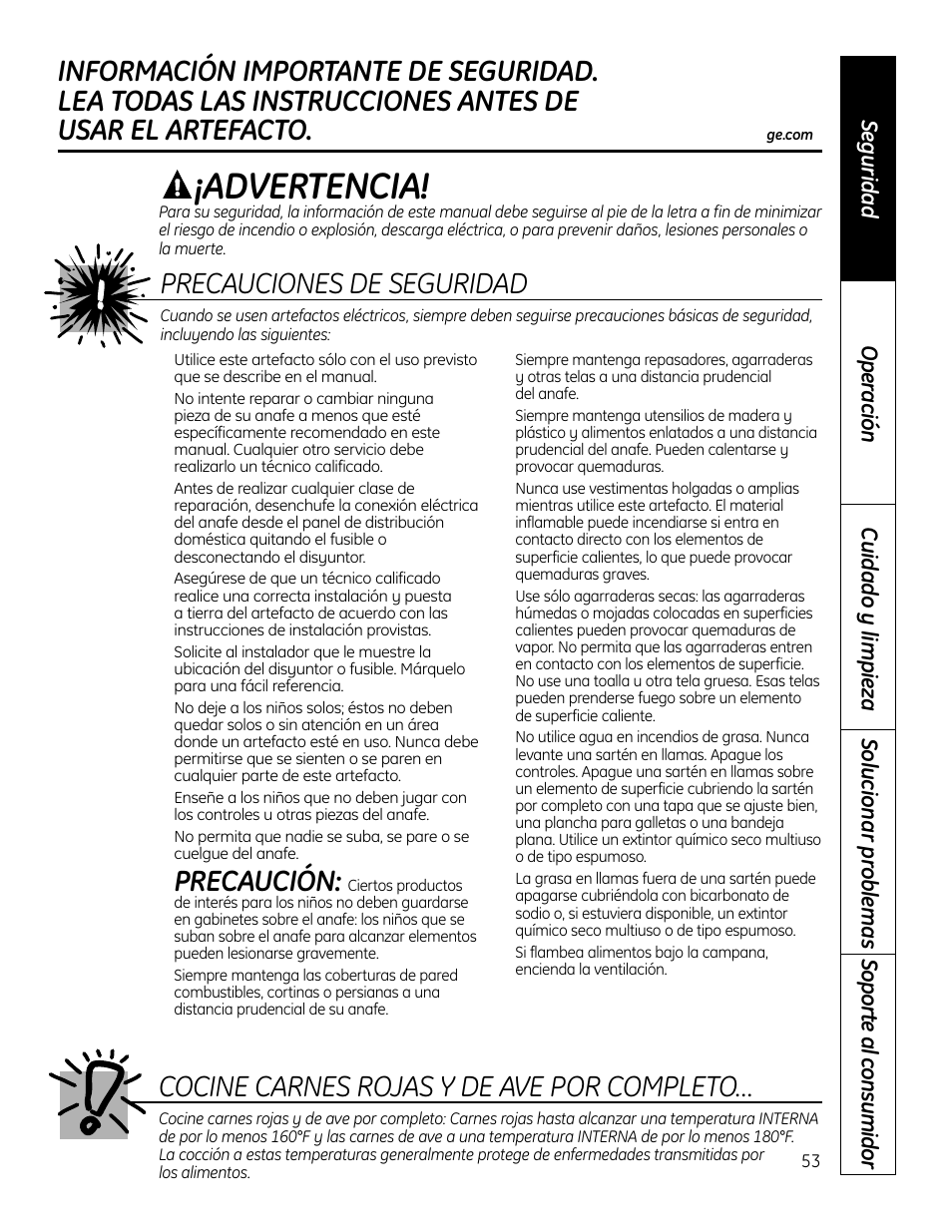 Advertencia, Precaución | GE PHP900DMBB User Manual | Page 53 / 72