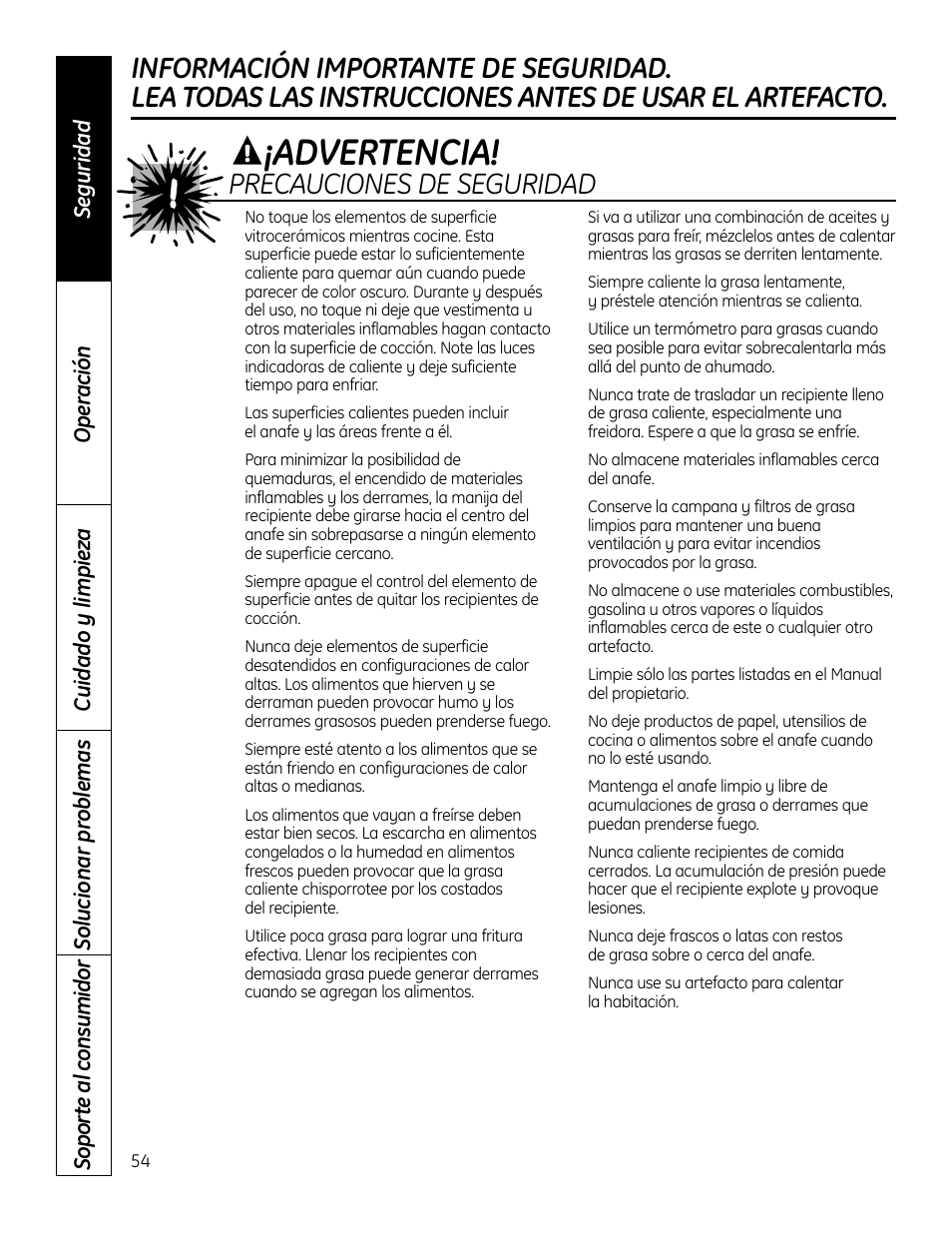 Advertencia, Precauciones de seguridad | GE PHP900DMBB User Manual | Page 54 / 72