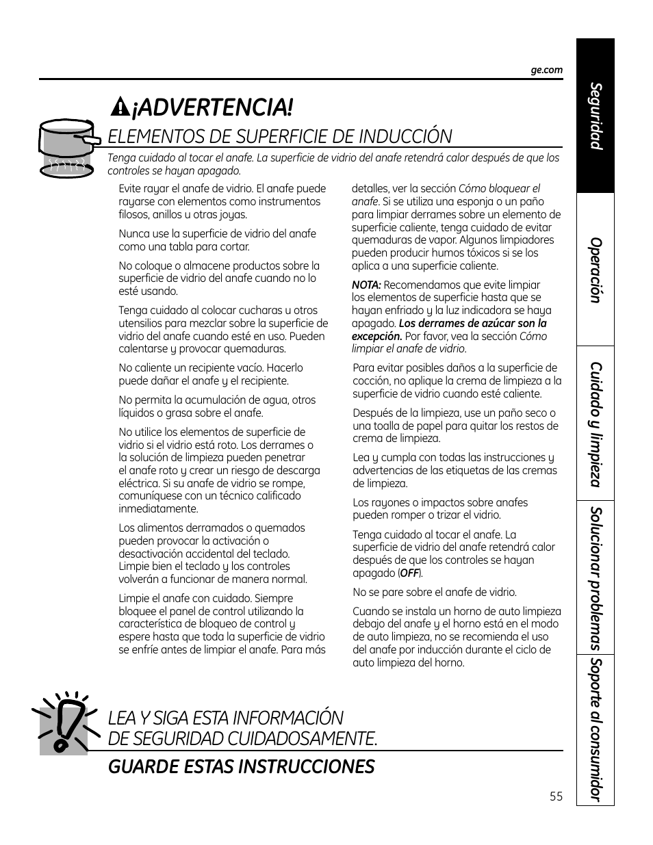 Advertencia, Elementos de superficie de inducción | GE PHP900DMBB User Manual | Page 55 / 72