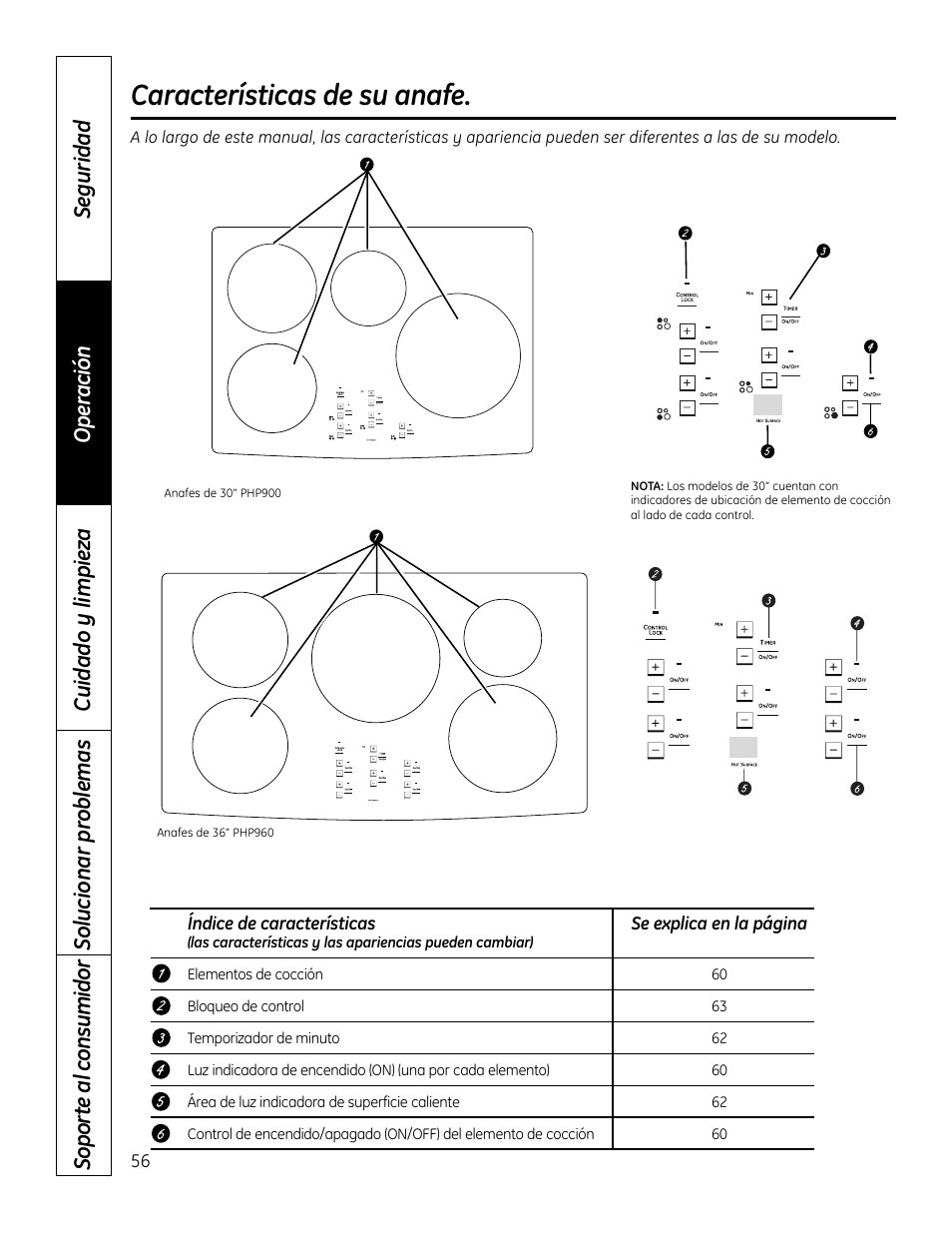 Características de su anafe | GE PHP900DMBB User Manual | Page 56 / 72