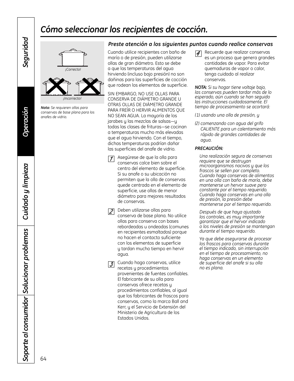 Cómo seleccionar los recipientes de cocción | GE PHP900DMBB User Manual | Page 64 / 72