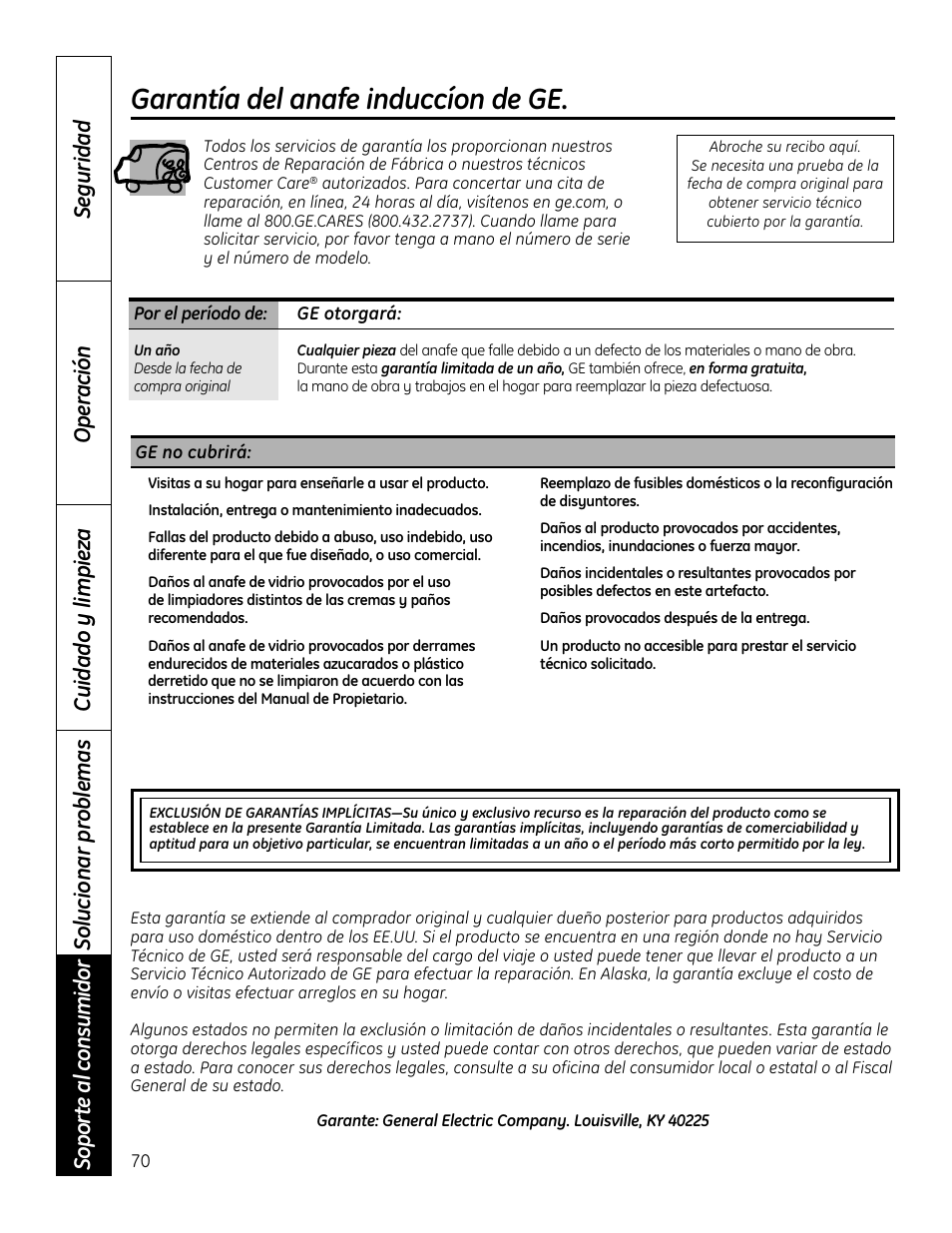 Garantía del anafe induccíon de ge | GE PHP900DMBB User Manual | Page 70 / 72