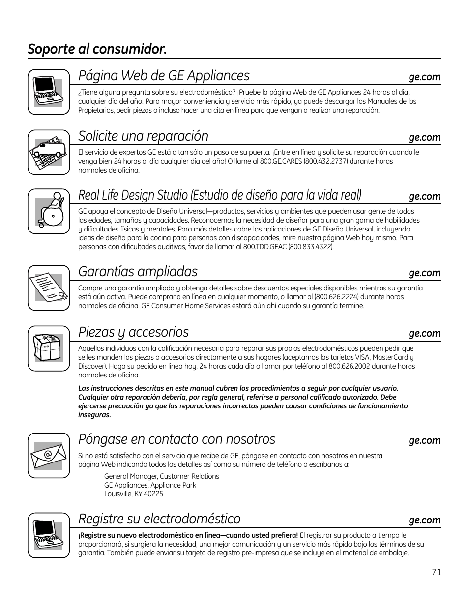 Soporte al consumidor. página web de ge appliances, Solicite una reparación, Garantías ampliadas | Piezas y accesorios, Póngase en contacto con nosotros, Registre su electrodoméstico | GE PHP900DMBB User Manual | Page 71 / 72