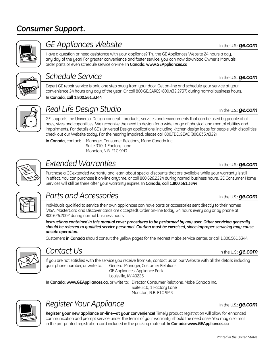 Consumer support, Consumer support. ge appliances website, Schedule service | Real life design studio, Extended warranties, Parts and accessories, Contact us, Register your appliance | GE PHP900DMBB User Manual | Page 72 / 72