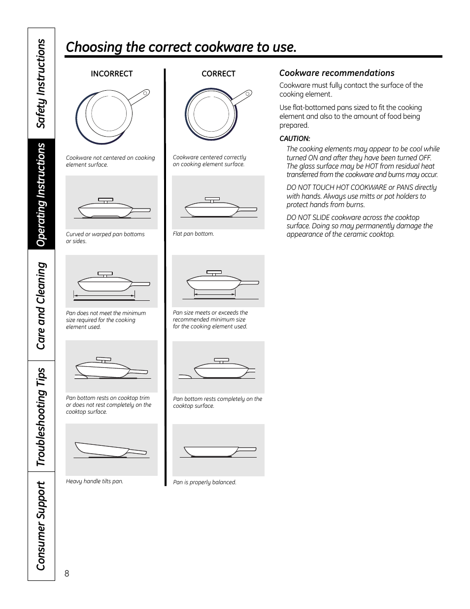 Choosing the correct cookware to use | GE PHP900DMBB User Manual | Page 8 / 72