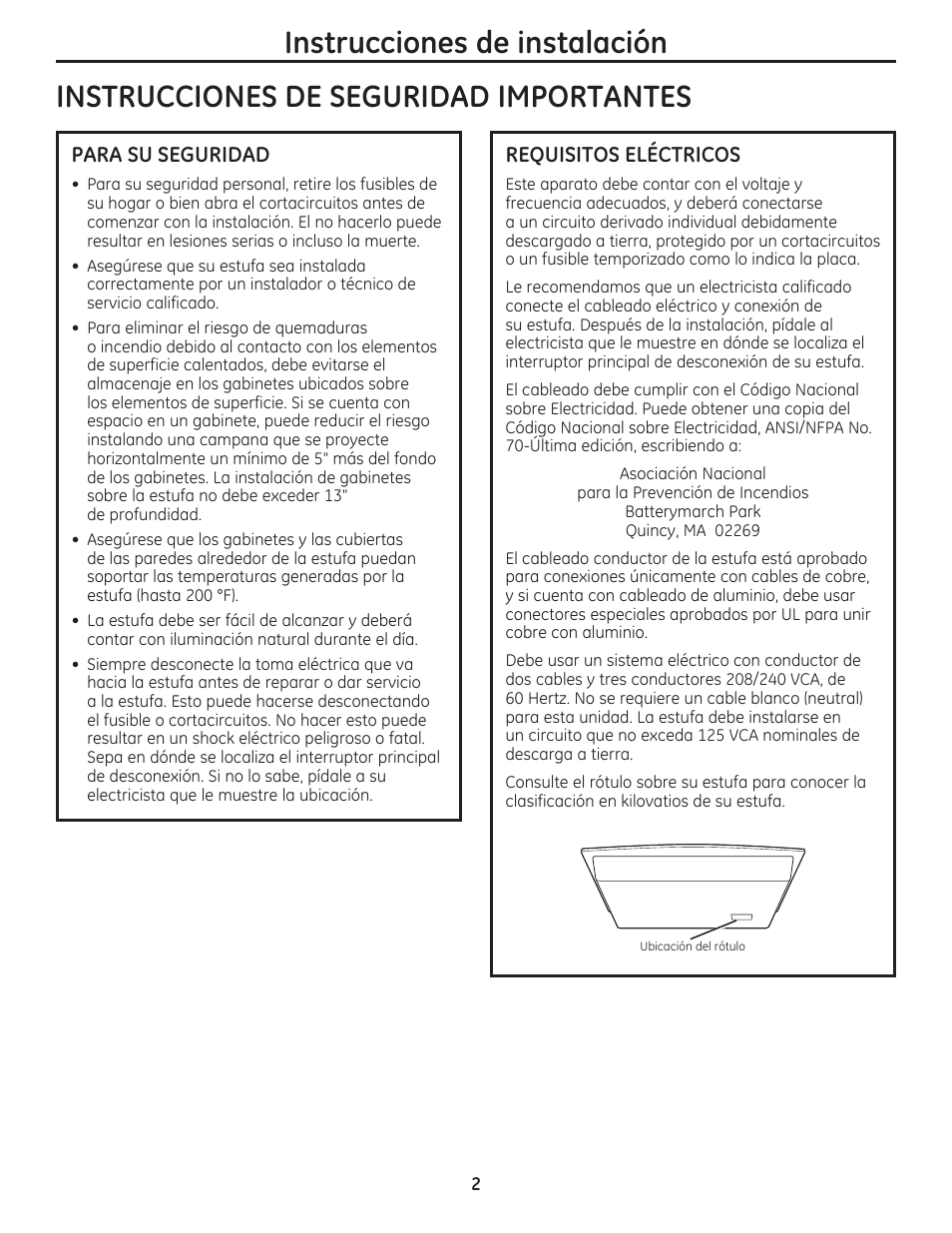 Instrucciones de instalación, Instrucciones de seguridad importantes, Para su seguridad | Requisitos eléctricos | GE PP975SMSS User Manual | Page 10 / 16