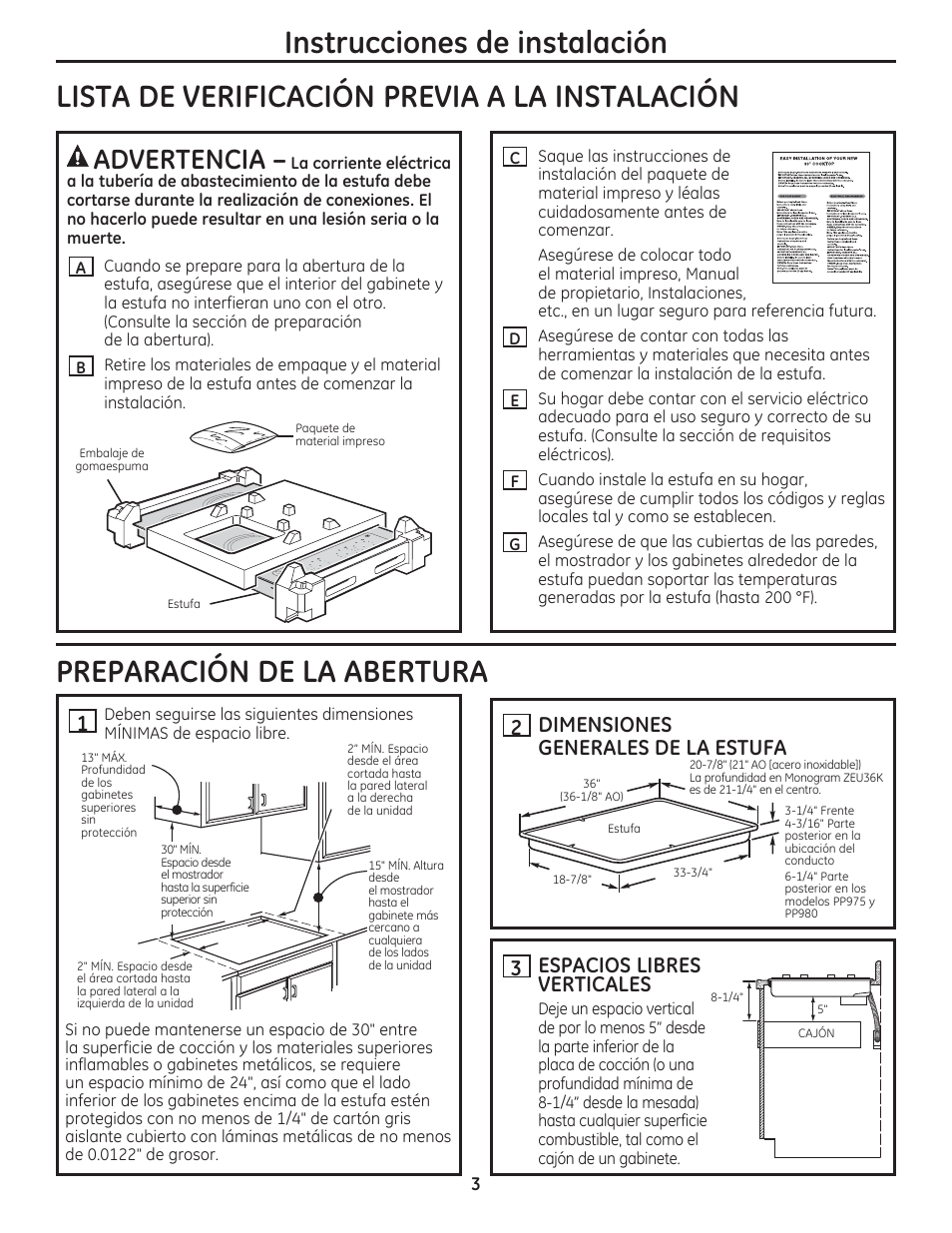 Instrucciones de instalación, Lista de verificación previa a la instalación, Preparación de la abertura | Advertencia, Dimensiones generales de la estufa 3, Espacios libres verticales | GE PP975SMSS User Manual | Page 11 / 16