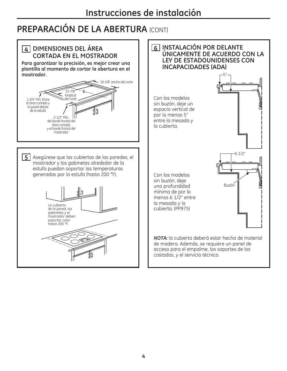 Cont) 5, Dimensiones del área cortada en el mostrador | GE PP975SMSS User Manual | Page 12 / 16