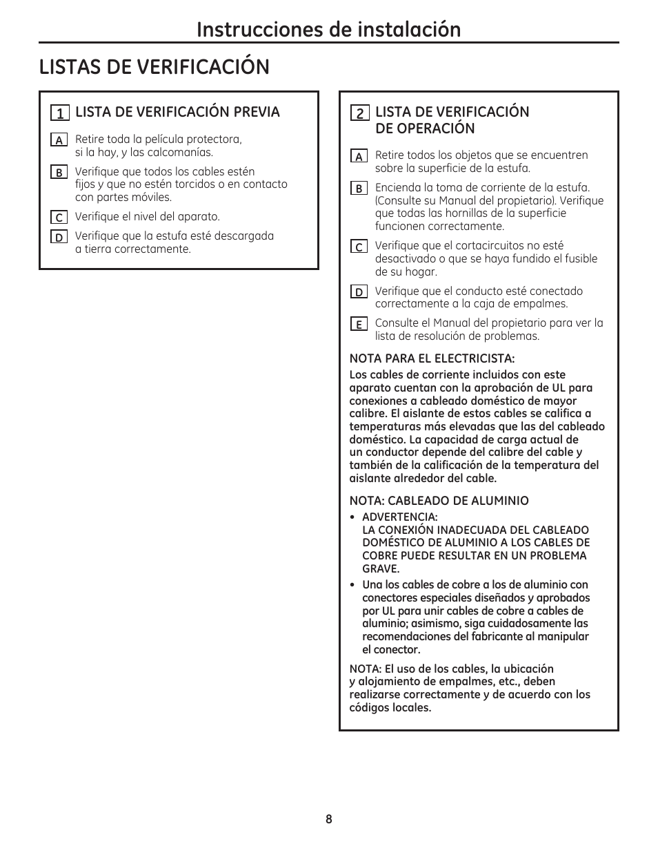 Instrucciones de instalación, Listas de verificación | GE PP975SMSS User Manual | Page 16 / 16