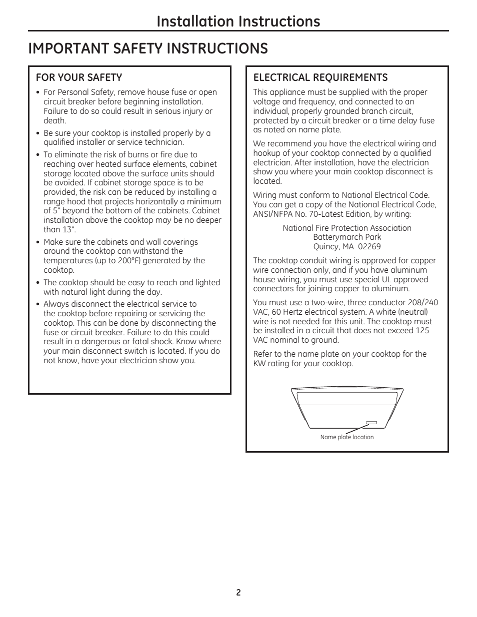 Installation instructions, Important safety instructions | GE PP975SMSS User Manual | Page 2 / 16
