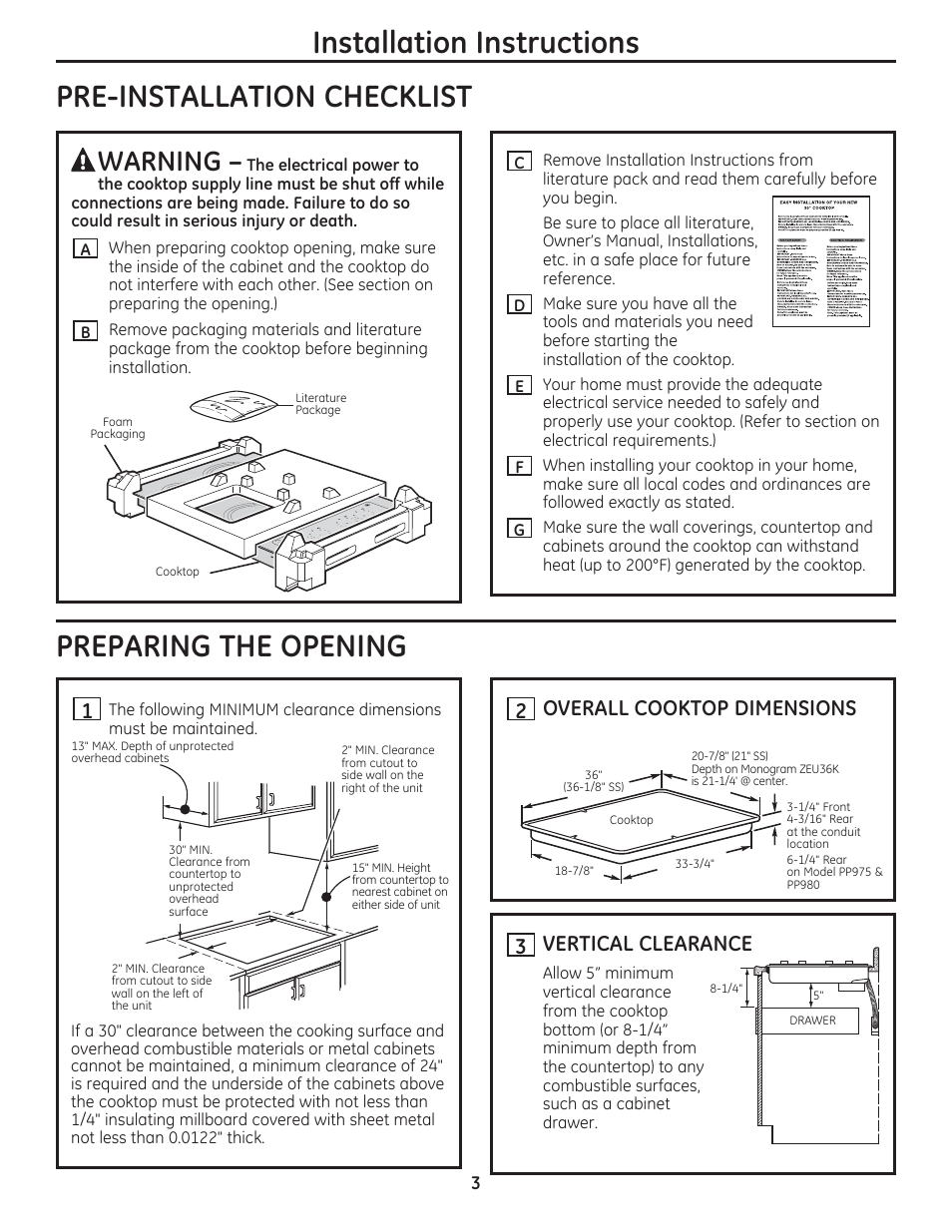 Preparing the opening, Warning, Overall cooktop dimensions | Vertical clearance | GE PP975SMSS User Manual | Page 3 / 16