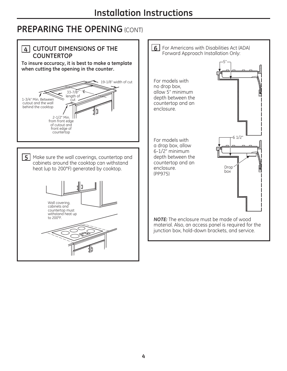 Installation instructions preparing the opening, Cont) 5, Cutout dimensions of the countertop | GE PP975SMSS User Manual | Page 4 / 16