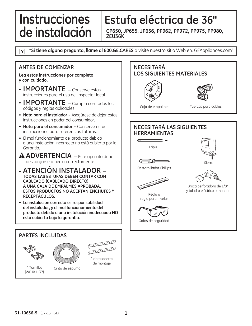 10636-5_sp_lores, Instrucciones, De instalación | Estufa eléctrica de 36, Importante, Advertencia, Atención instalador | GE PP975SMSS User Manual | Page 9 / 16