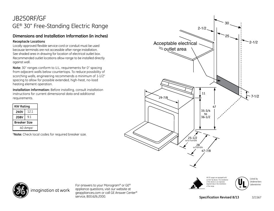 GE JB250RFSS User Manual | 2 pages