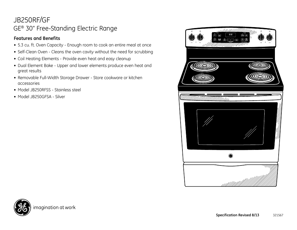 Jb250rf/gf, 30" free-standing electric range | GE JB250RFSS User Manual | Page 2 / 2