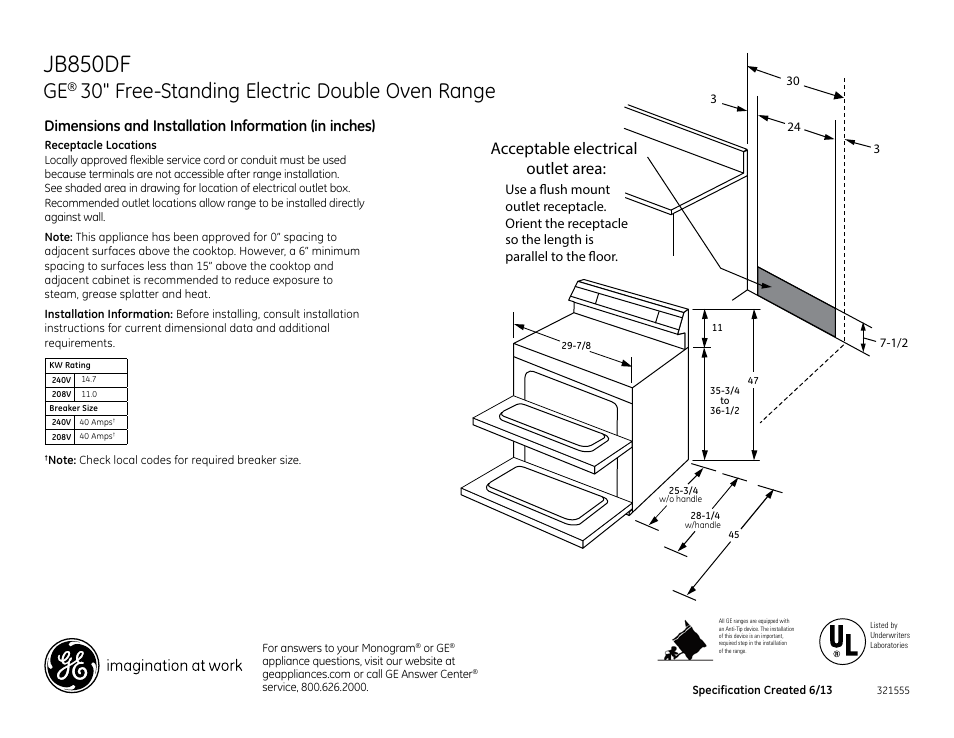 GE JB850DFWW User Manual | 2 pages