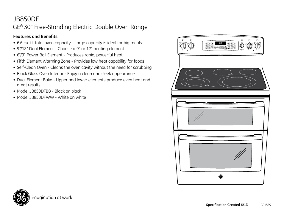 Jb850df, 30" free-standing electric double oven range | GE JB850DFWW User Manual | Page 2 / 2