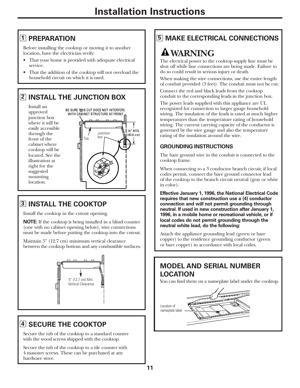 Installation instructions, Warning, Preparation | Install the junction box, Install the cooktop, Secure the cooktop, Make electrical connections, Model and serial number location | GE JP328BKBB User Manual | Page 11 / 48