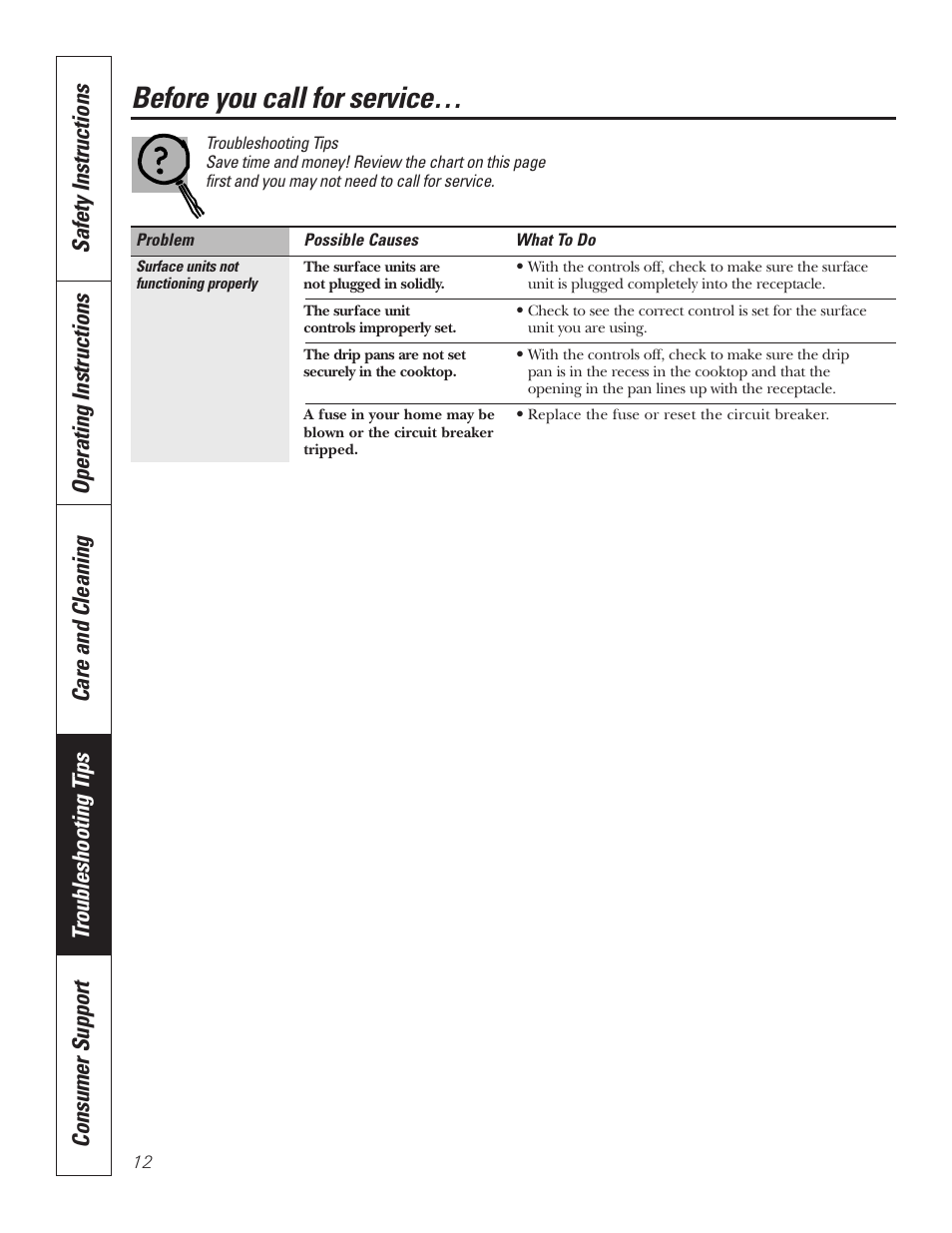 Before you call for service | GE JP328BKBB User Manual | Page 12 / 48