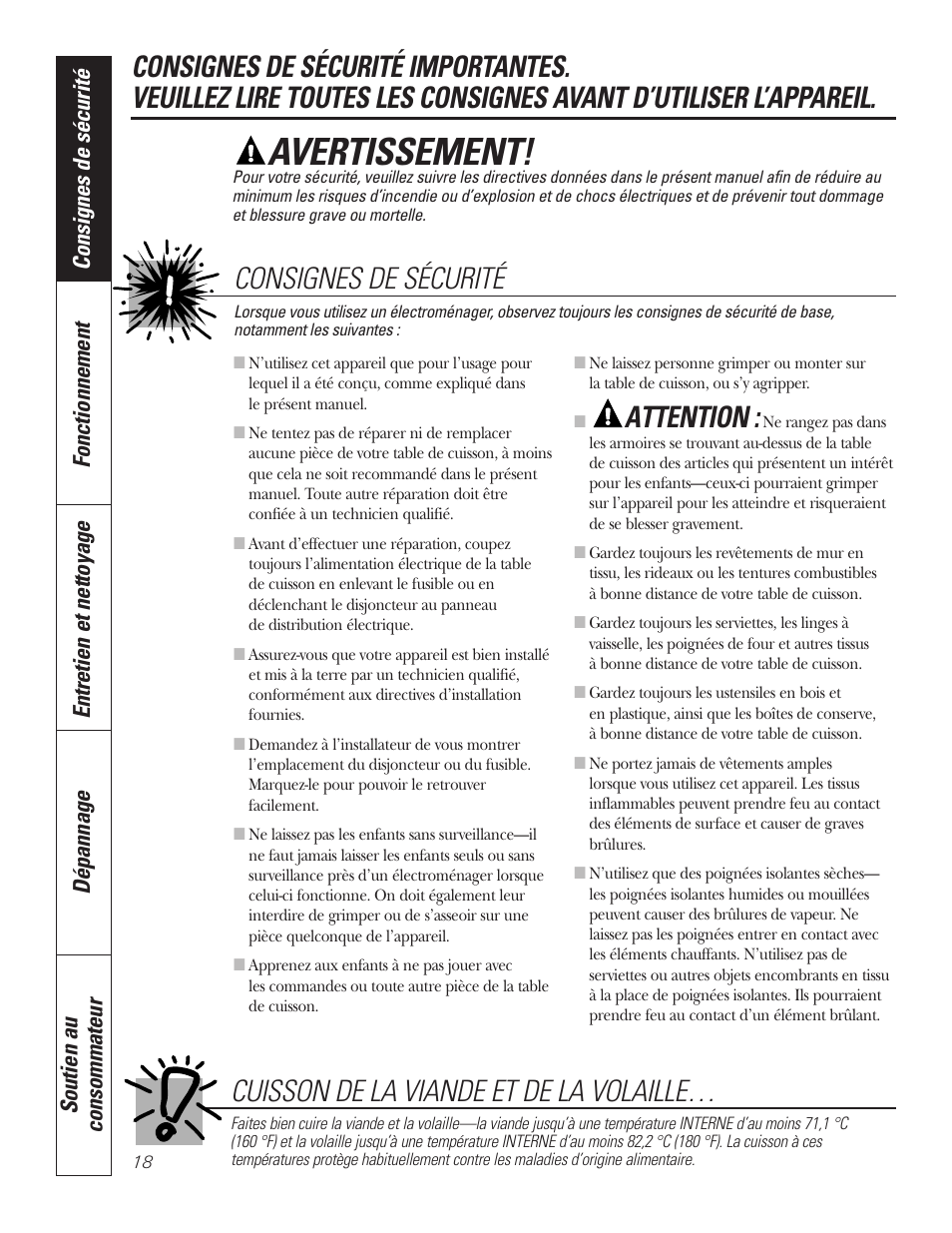 Avertissement, Attention | GE JP328BKBB User Manual | Page 18 / 48