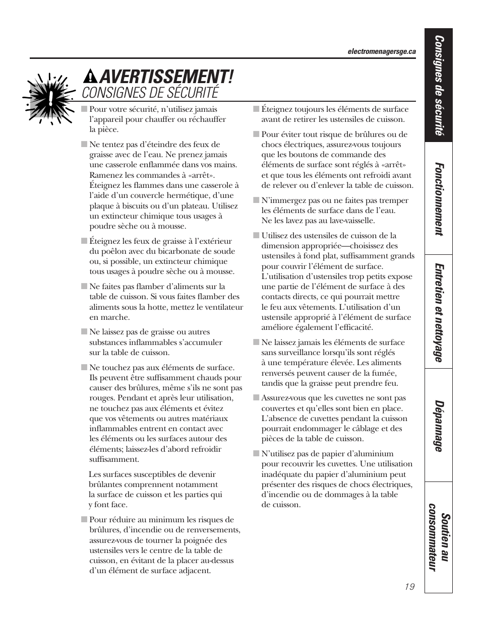 Avertissement, Consignes de sécurité | GE JP328BKBB User Manual | Page 19 / 48