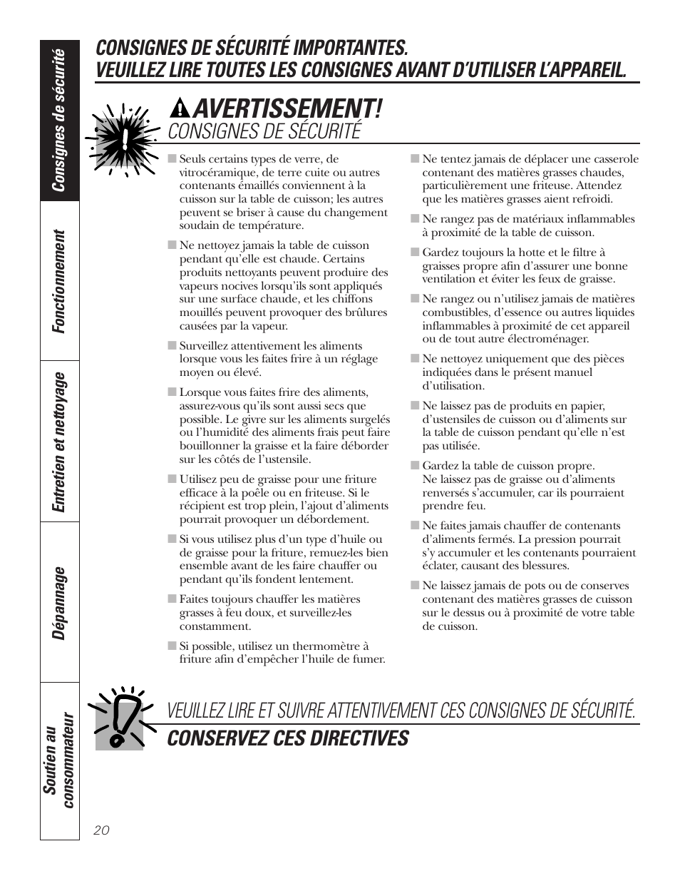 Avertissement, Consignes de sécurité | GE JP328BKBB User Manual | Page 20 / 48