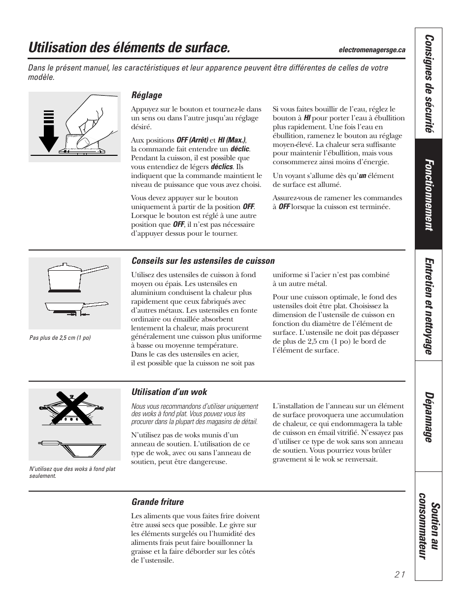Utilisation des éléments de surface | GE JP328BKBB User Manual | Page 21 / 48