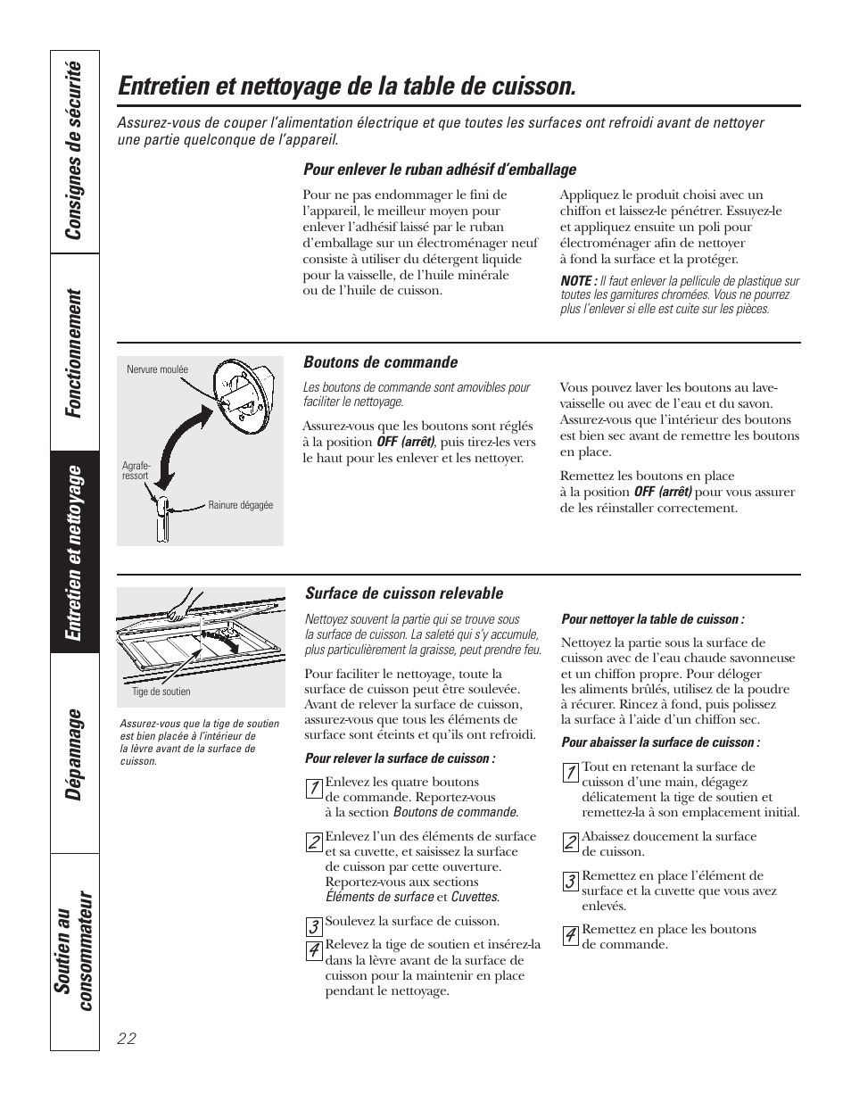 Entretien et nettoyage de la table de cuisson | GE JP328BKBB User Manual | Page 22 / 48