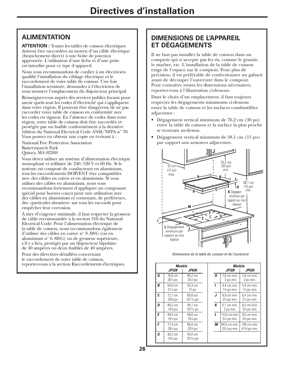 Directives d’installation, Dimensions de l’appareil et dégagements, Alimentation | GE JP328BKBB User Manual | Page 26 / 48